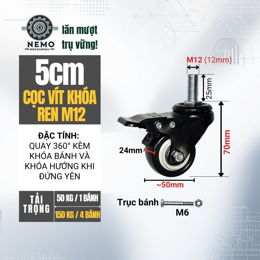 Bánh Xe Đẩy Hàng Cọc Vít Đen Trắng – Nhựa PVC, Chân Ren M8/M10/M12 (D40, D50, D63)